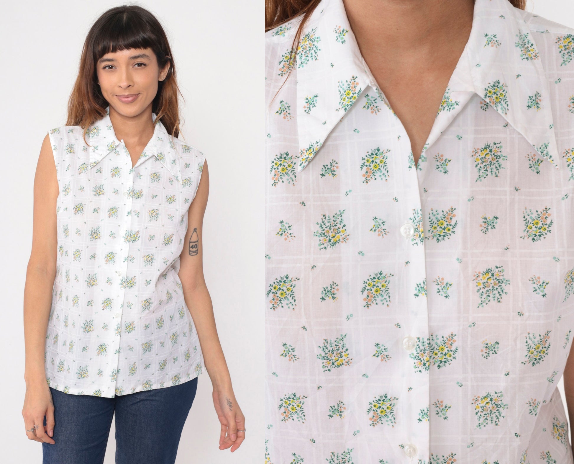 70s Floral Button-Up Tank Top White Wildflower Print Dagger Collar Medium