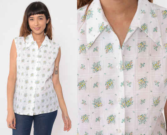 70s Floral Button-Up Tank Top White Wildflower Print Dagger Collar Medium