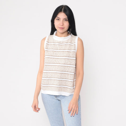 80s Striped Knit Sweater Vest Tan White Mock Neck Pullover Medium