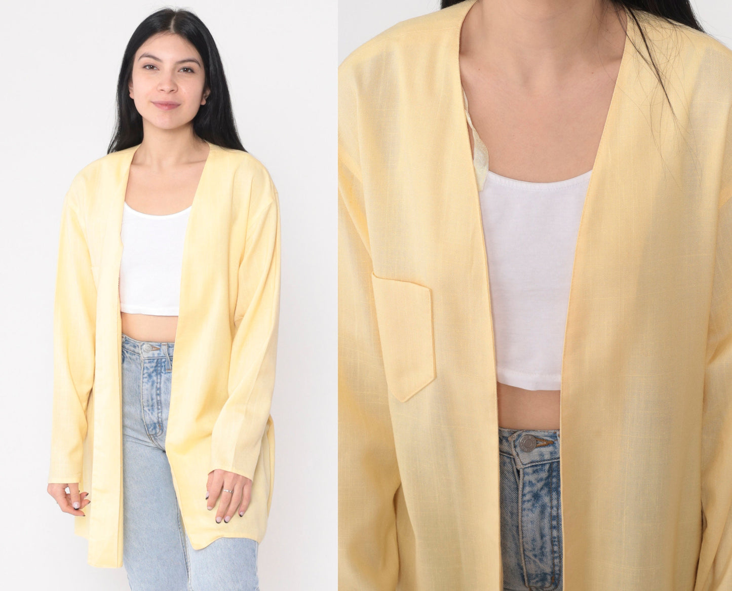 90s Pastel Yellow Longline Cardigan Jacket Open Front Medium Large