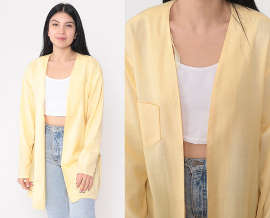 90s Pastel Yellow Longline Cardigan Jacket Open Front Medium Large