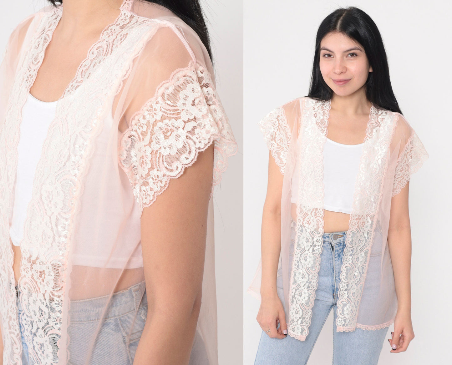 80s Pink Nylon Robe Jacket Lace Trim Open Front Short Sleeve Small