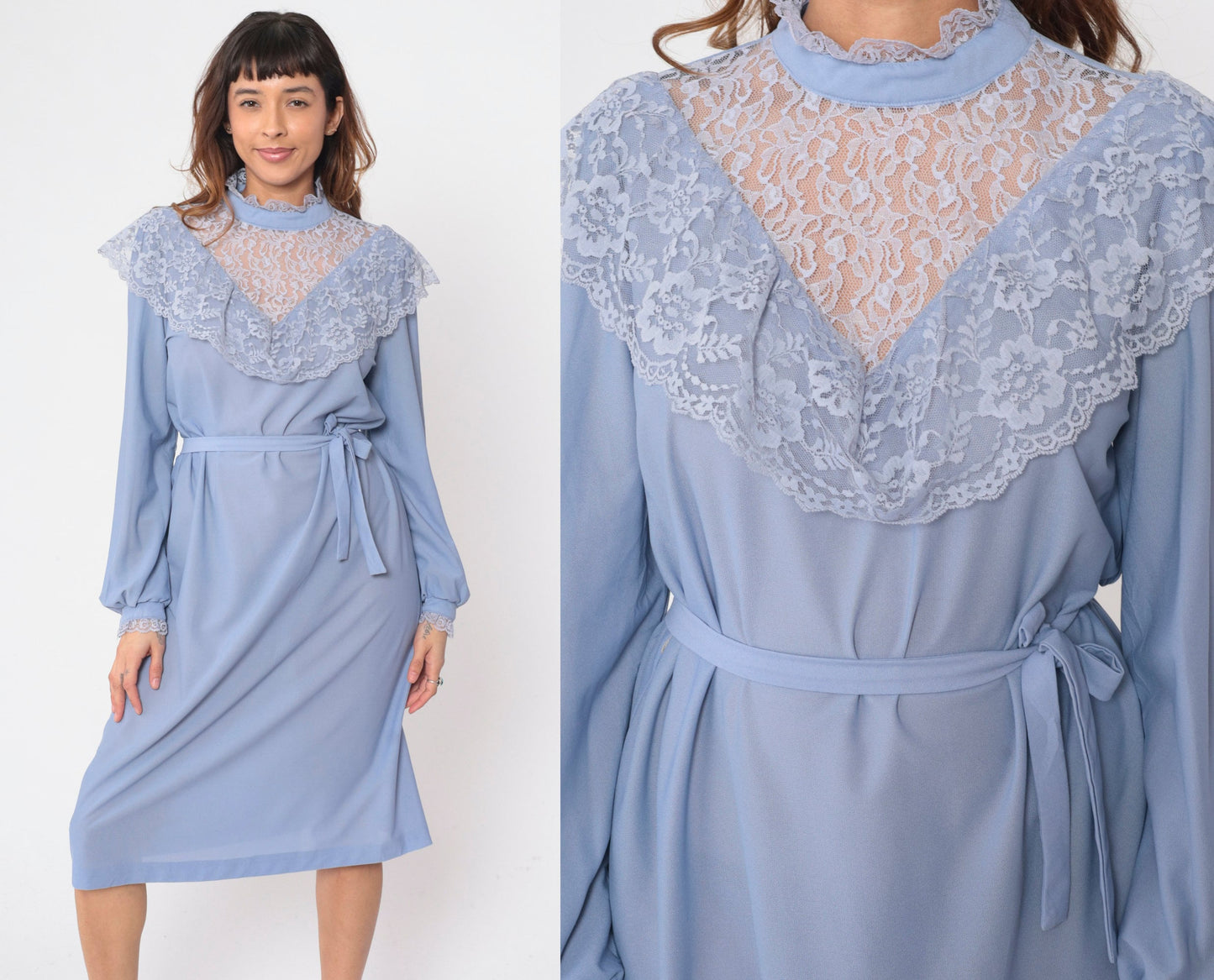 70s Jane Baar Lavender Lace Illusion Neckline Midi Dress Medium