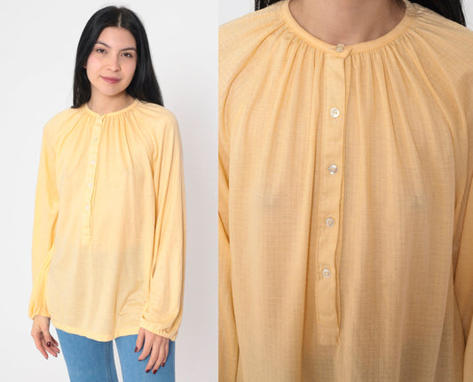 70s Yellow Semi-Sheer Half-Button Blouse Long Sleeve Medium M