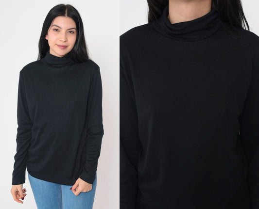 70s Black Turtleneck Long Sleeve Shirt Funnel Neck Layering Top Large L