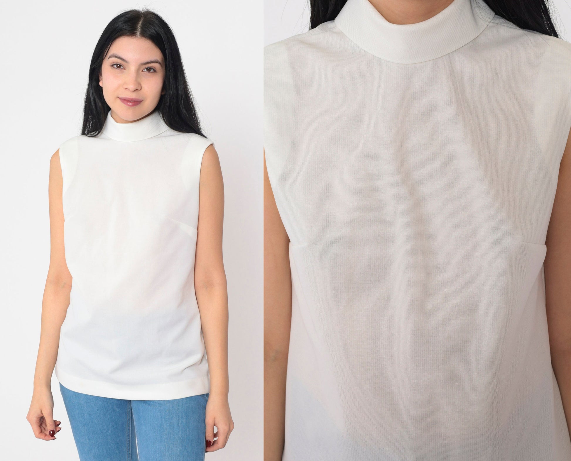 70s White Mock Neck Tank Top Semi-Sheer Sleeveless Blouse Small