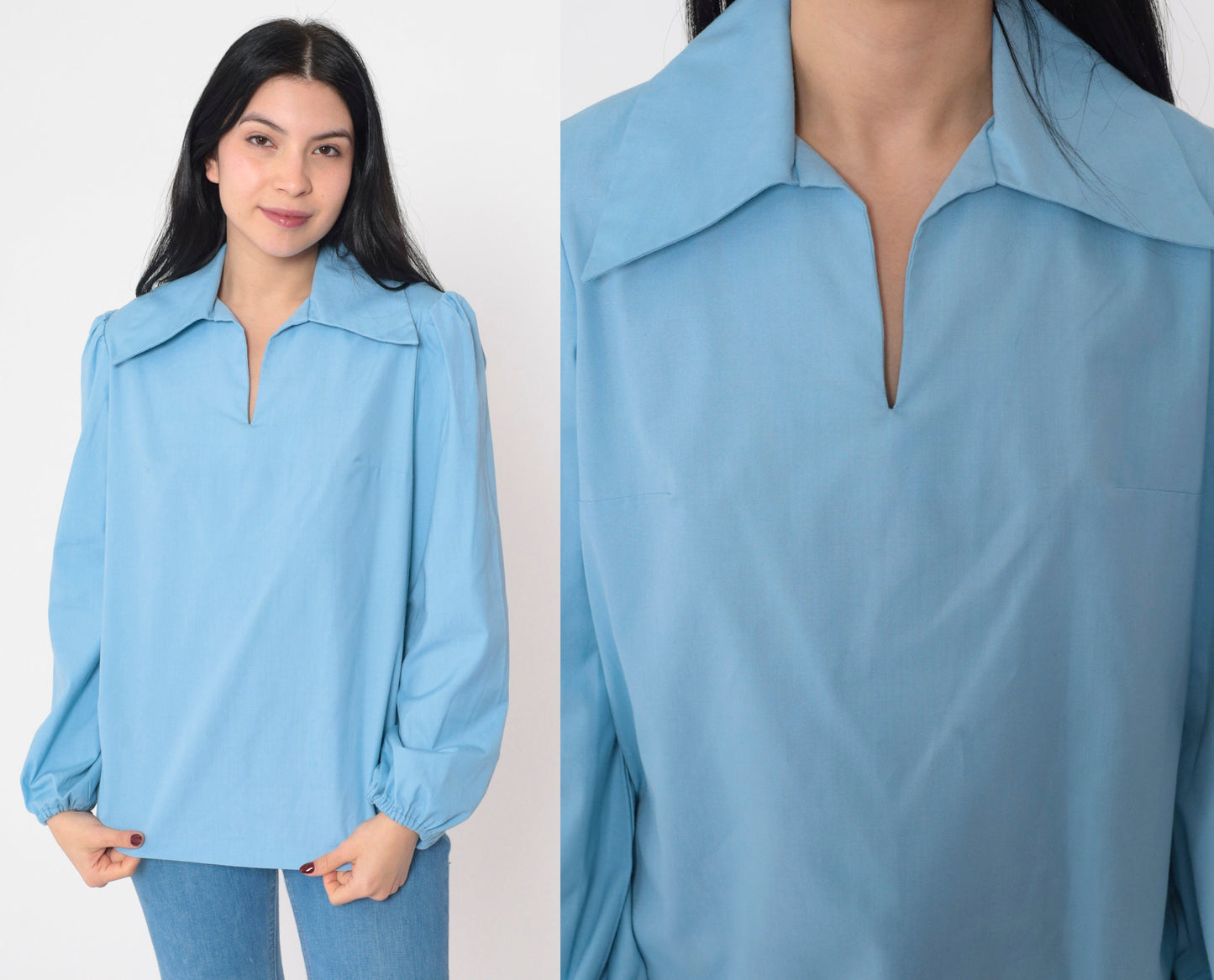 70s Baby Blue Blouse Puff Sleeve Collared V-Neck Long Sleeve Medium M