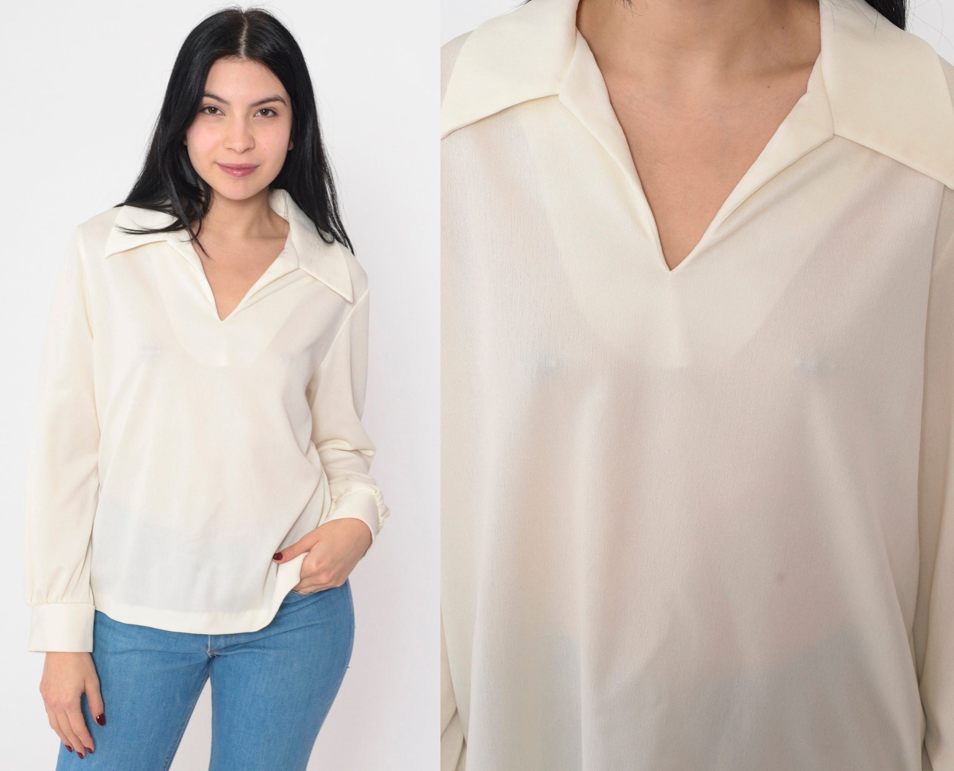 70s Off-White Semi-Sheer Collared Blouse Long Sleeve V Neck Medium