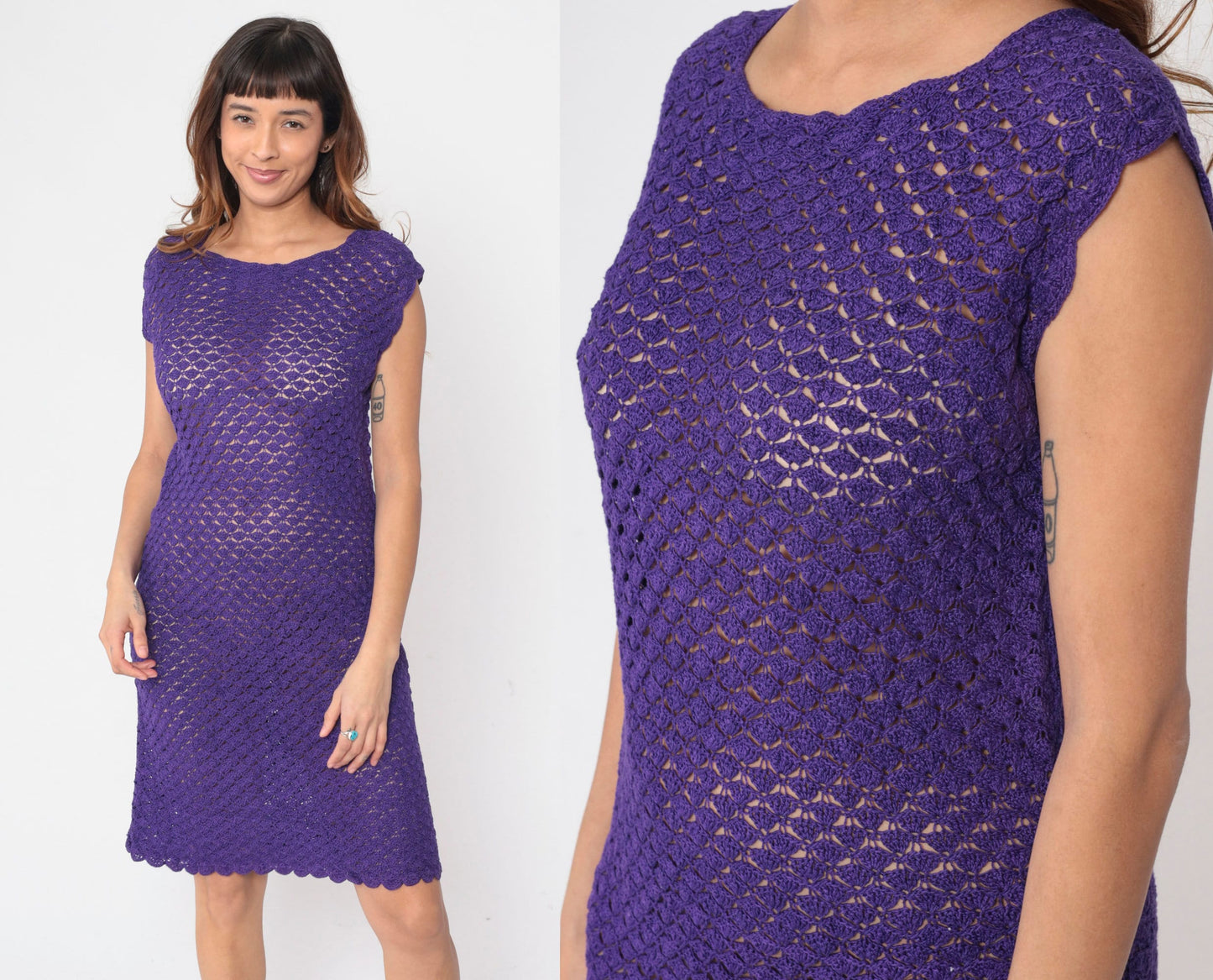 70s Purple Crochet Mini Dress Sheer Knit Shift Cut Cap Sleeve Small