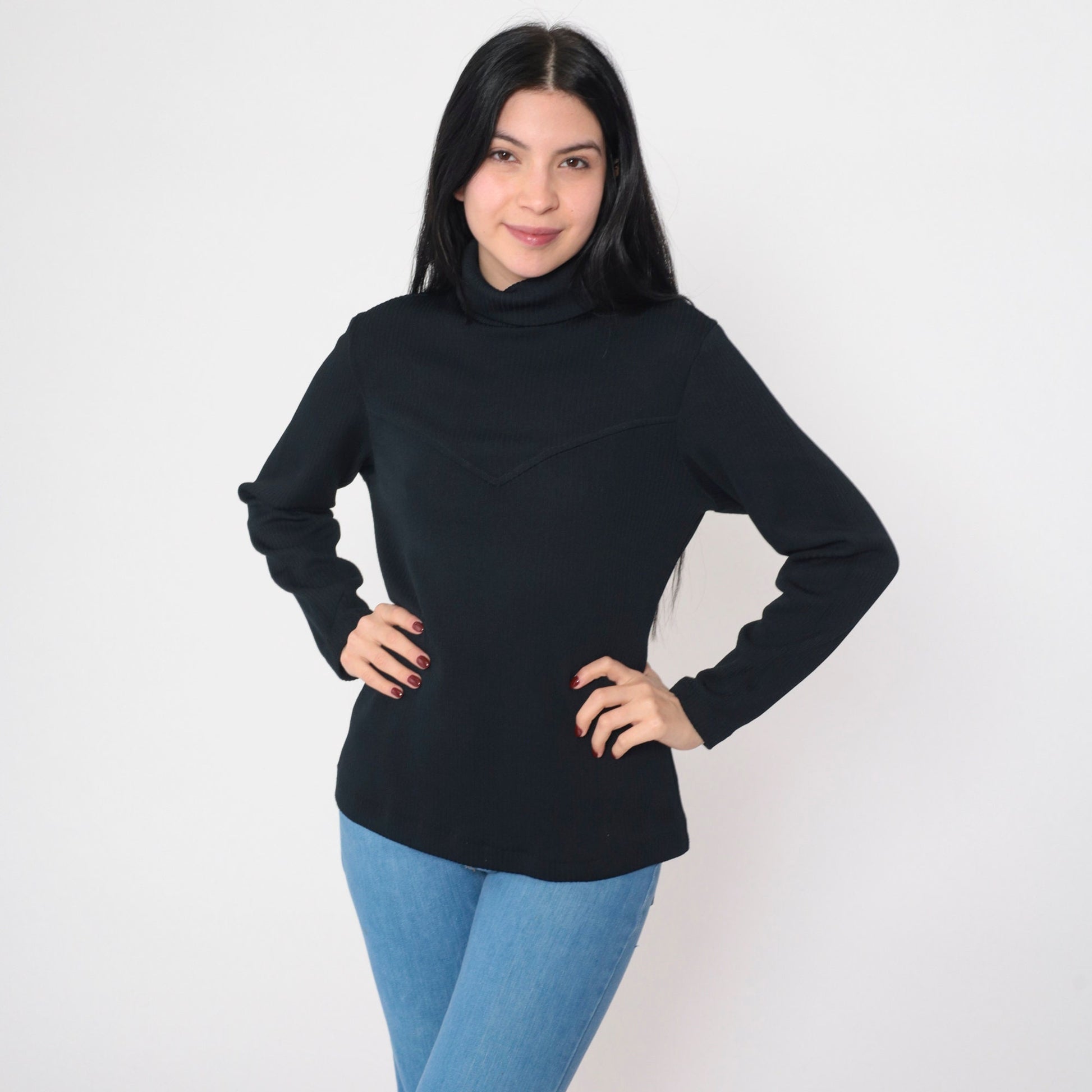 70s Black Ribbed Turtleneck Long Sleeve Knit Top Yoke Zipper Medium M