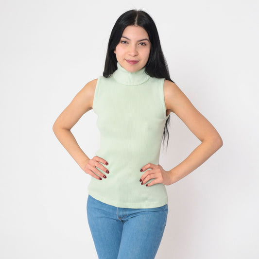 70s Mint Green Sleeveless Mock Neck Tank Top Small Medium