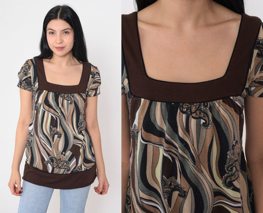 Y2K Abstract Floral Paisley Puff Sleeve Blouse Brown Short Sleeve Small S