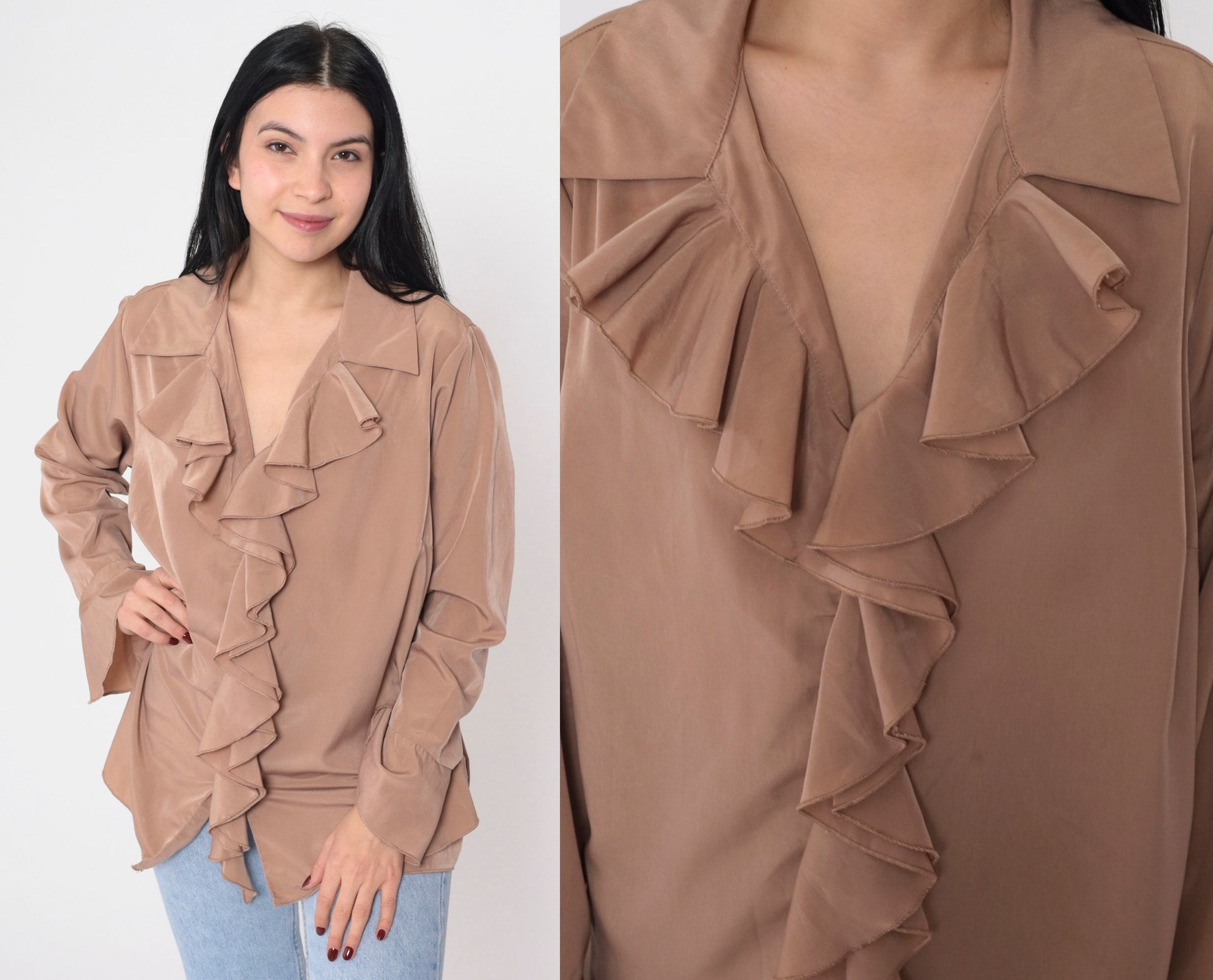90s Cocoa Brown Ruffled V-Neck Blouse Long Bell Sleeve Vintage Poet Top Large L