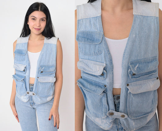 90s Blue Denim Cargo Vest Striped Button-Up Sleeveless Small S