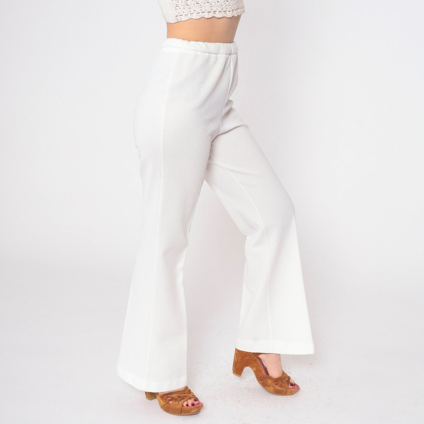 70s White High-Waist Straight Flared Trousers Elastic Waist Medium
