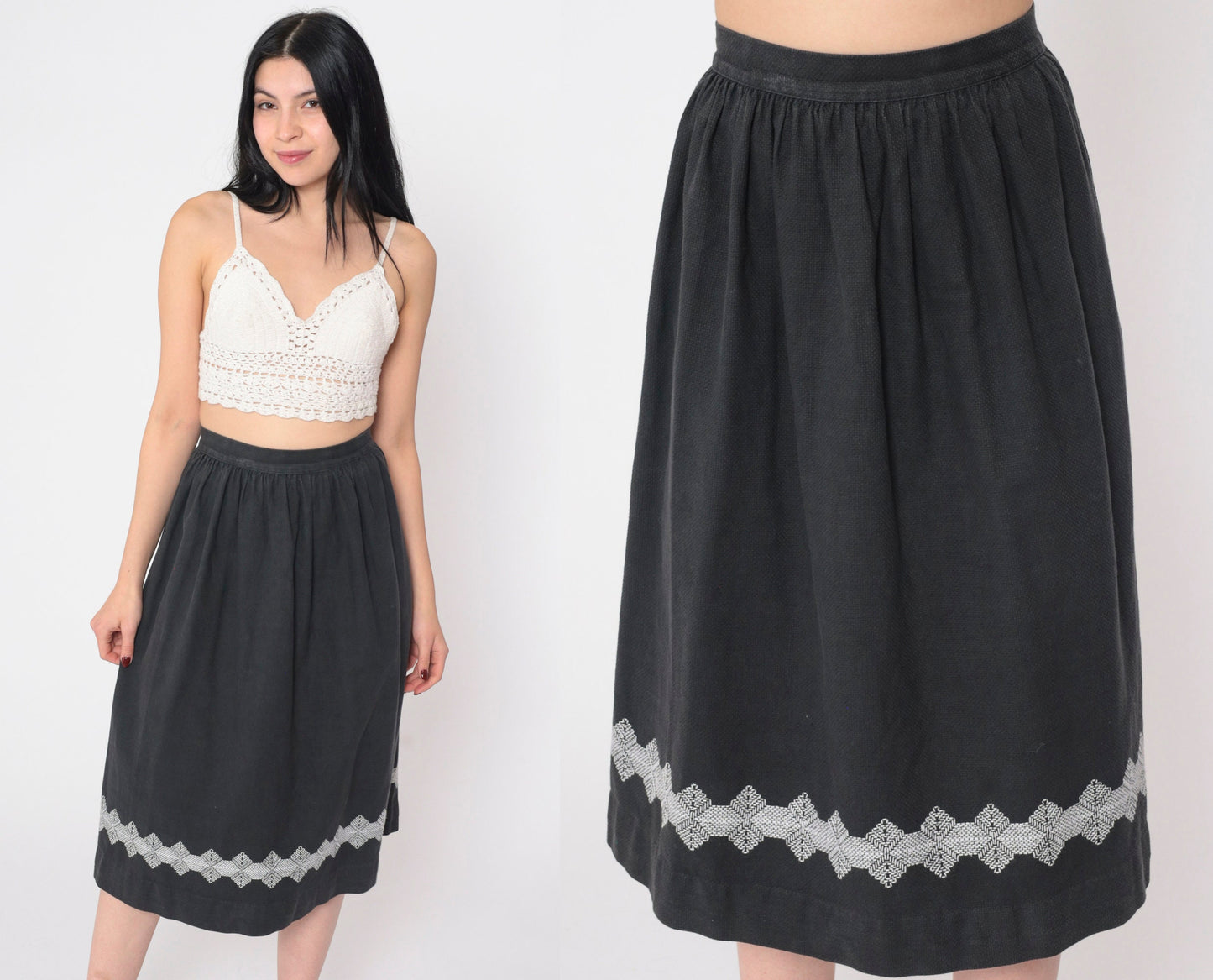 60s Black Midi Skirt White Geometric Embroidered High Waisted Pleated Cotton Extra Small