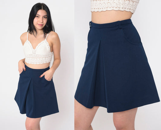 70s Navy Blue Mini Skort Pleated A-Line High Waisted Medium M