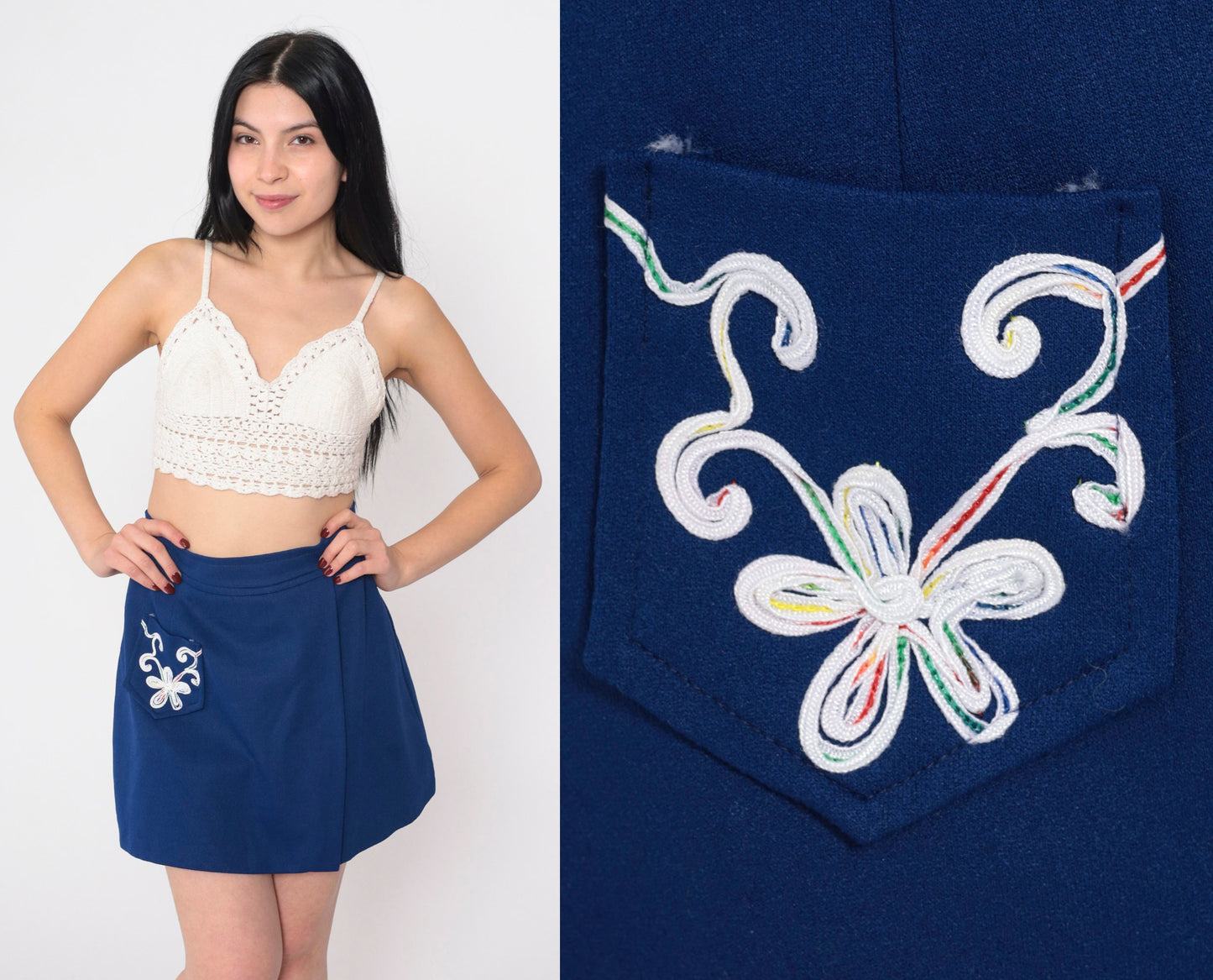 70s Navy Skort Floral Embroidered High Waisted Mini A Line Small S