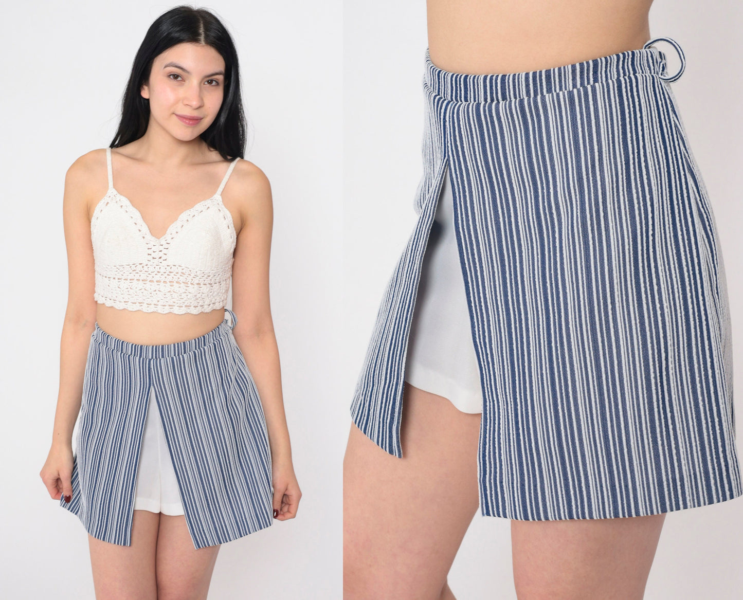 70s Blue White Striped Scooter Skort Mini High Waisted A-Line Medium M