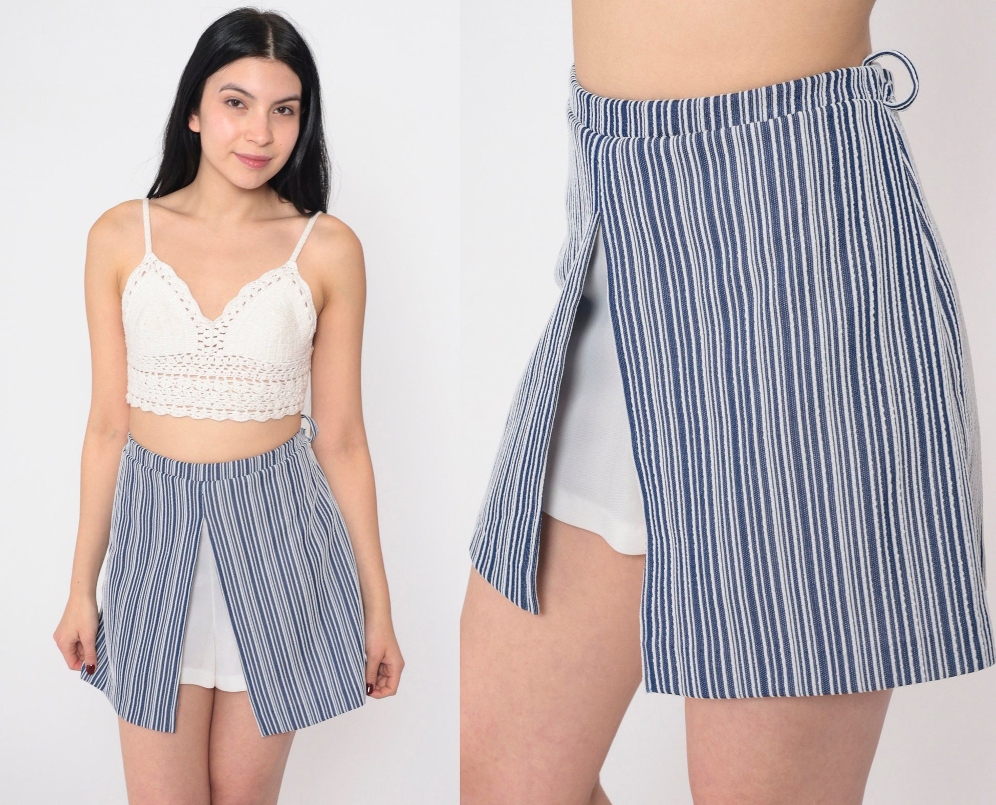 70s Blue White Striped Scooter Skort Mini High Waisted A-Line Medium M