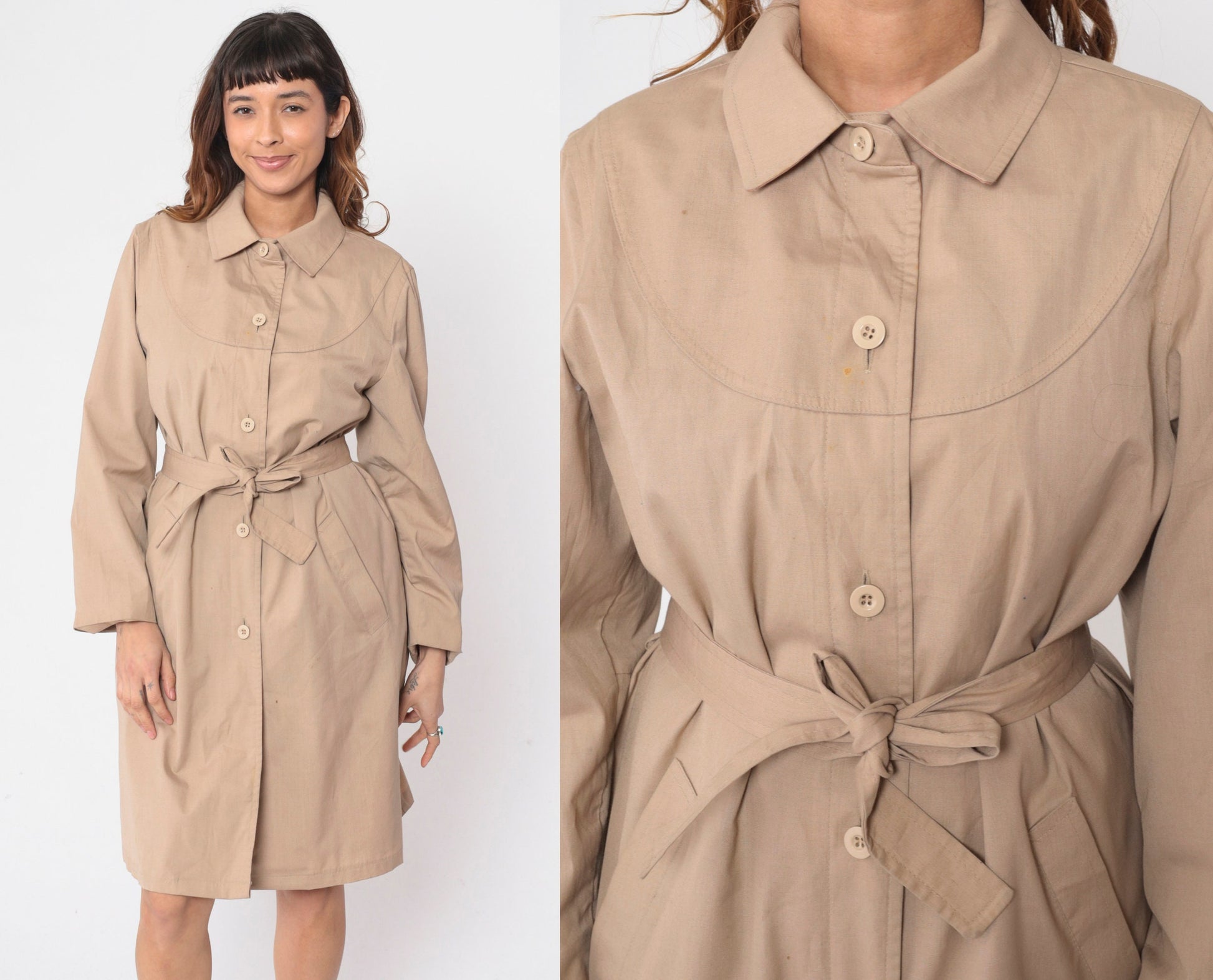 70s London Fog Trench Coat Khaki Button-Up Belted Midi Jacket Medium