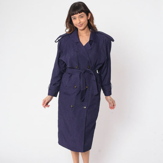 90s Purple Trench Coat Double Breasted Epaulette Belted Midi Jacket Medium
