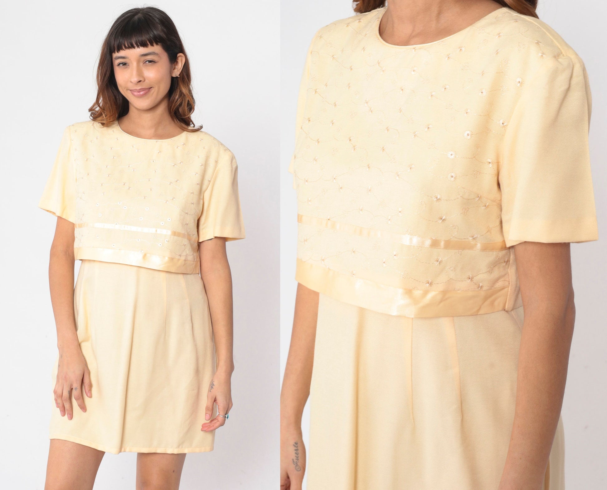90s Yellow Eyelet Shift Dress Floral Embroidered Mini Short Sleeve Medium