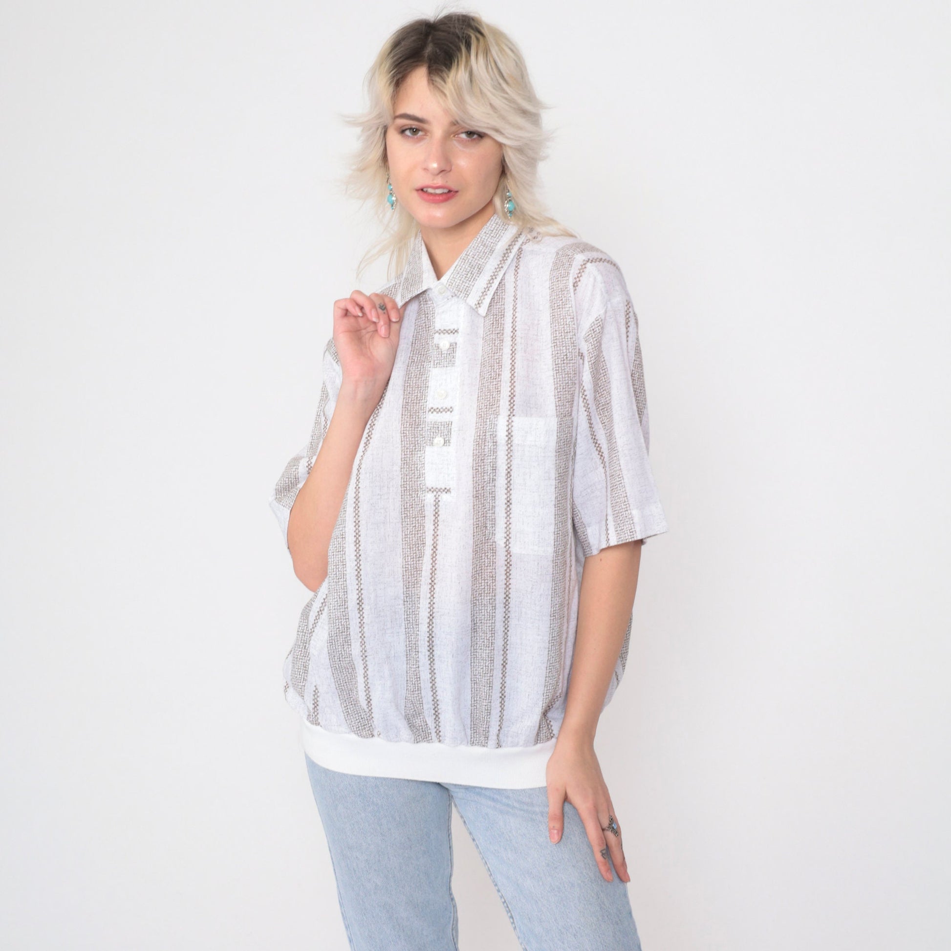 90s D'Accord Polo Shirt White Brown Checkered Striped Collared Large