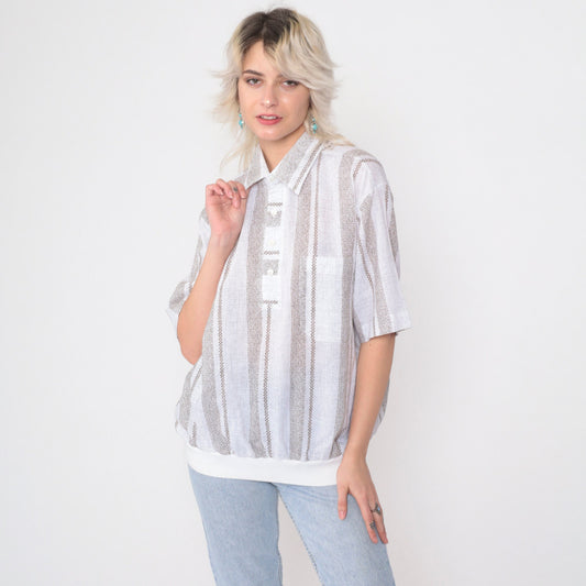 90s D'Accord Polo Shirt White Brown Checkered Striped Collared Large