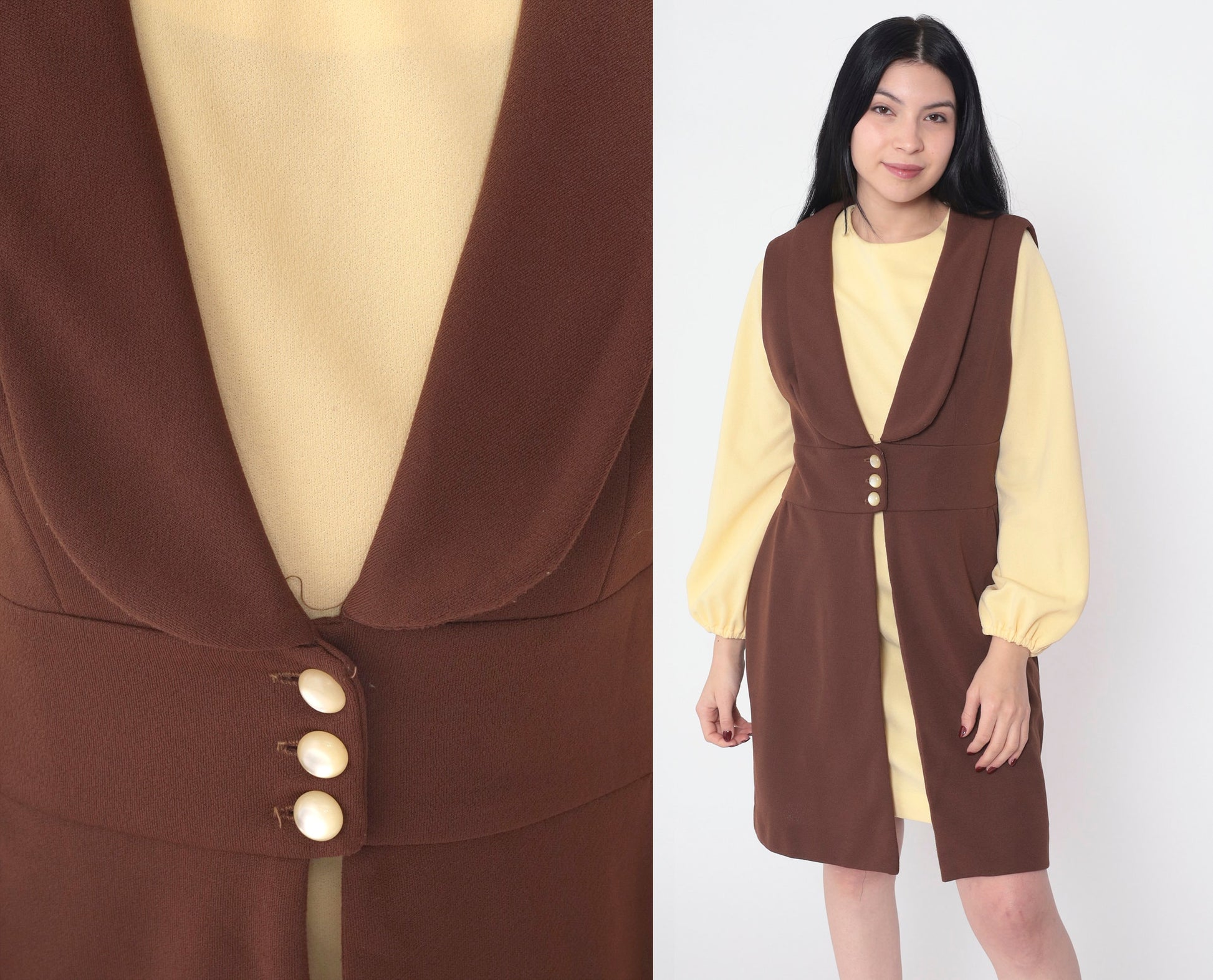 70s Mod Mini Dress and Vest Set Yellow Brown Shift Long Sleeve Medium