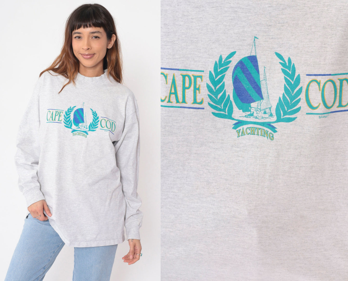 90s Cape Cod Yachting Graphic Long Sleeve Tee Heather Grey Cotton Extra Large