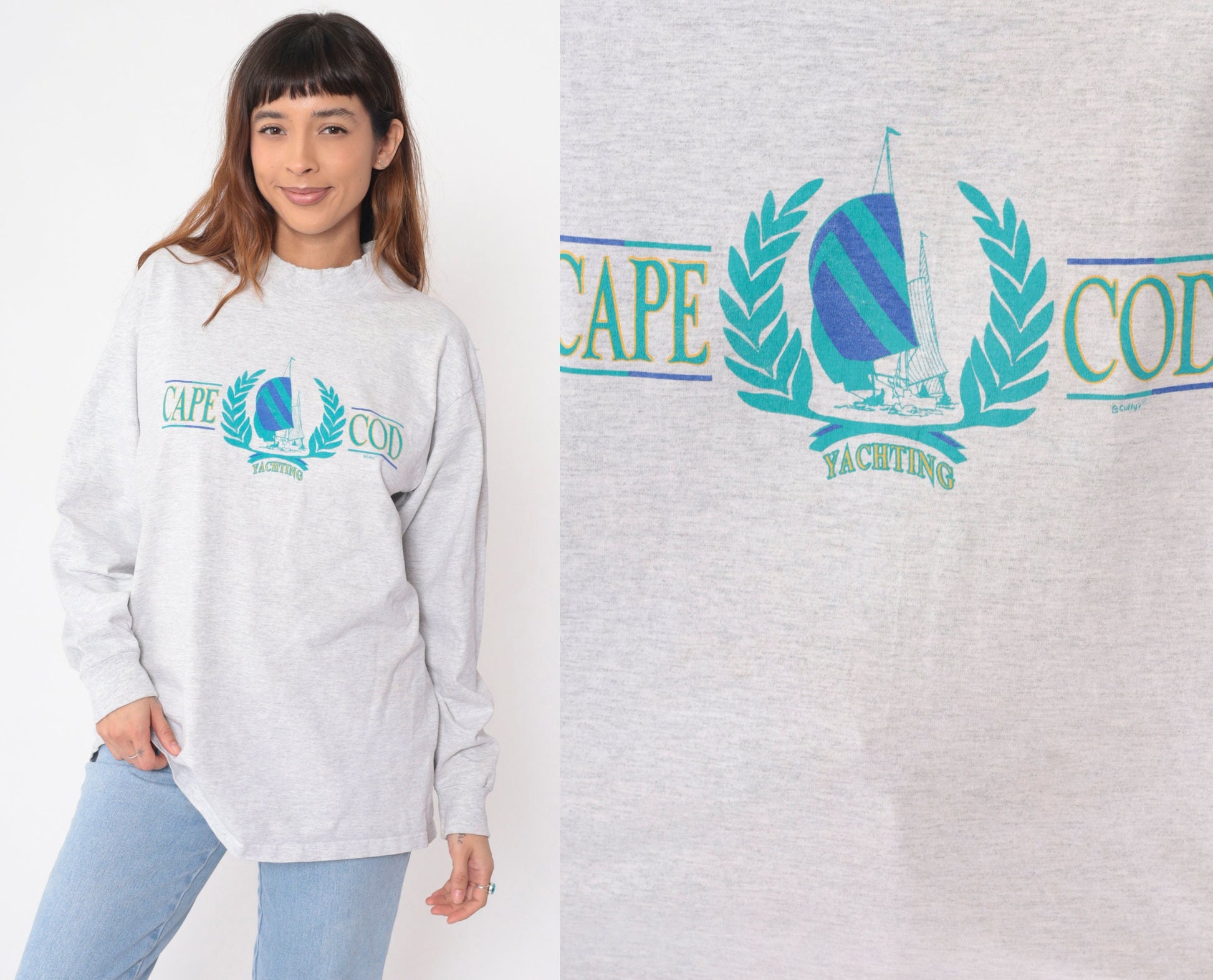 90s Cape Cod Yachting Graphic Long Sleeve Tee Heather Grey Cotton Extra Large