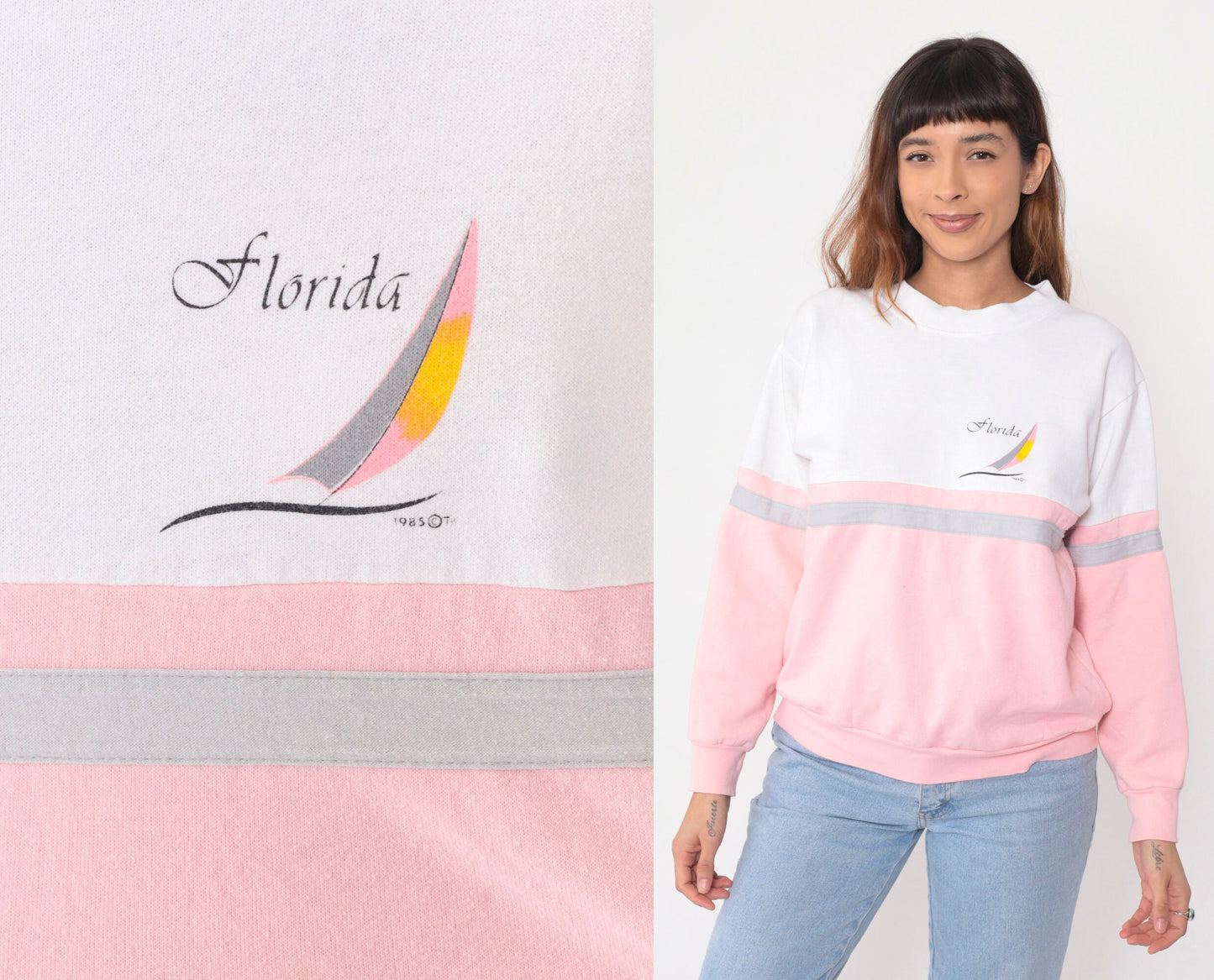80s Florida Sailboat Sweatshirt Baby Pink White Color Block Crewneck Medium
