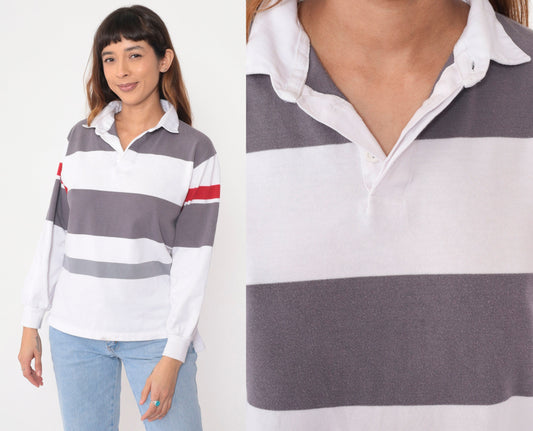 90s Shore Club Striped Rugby Shirt White Grey Red Long Sleeve Polo Medium