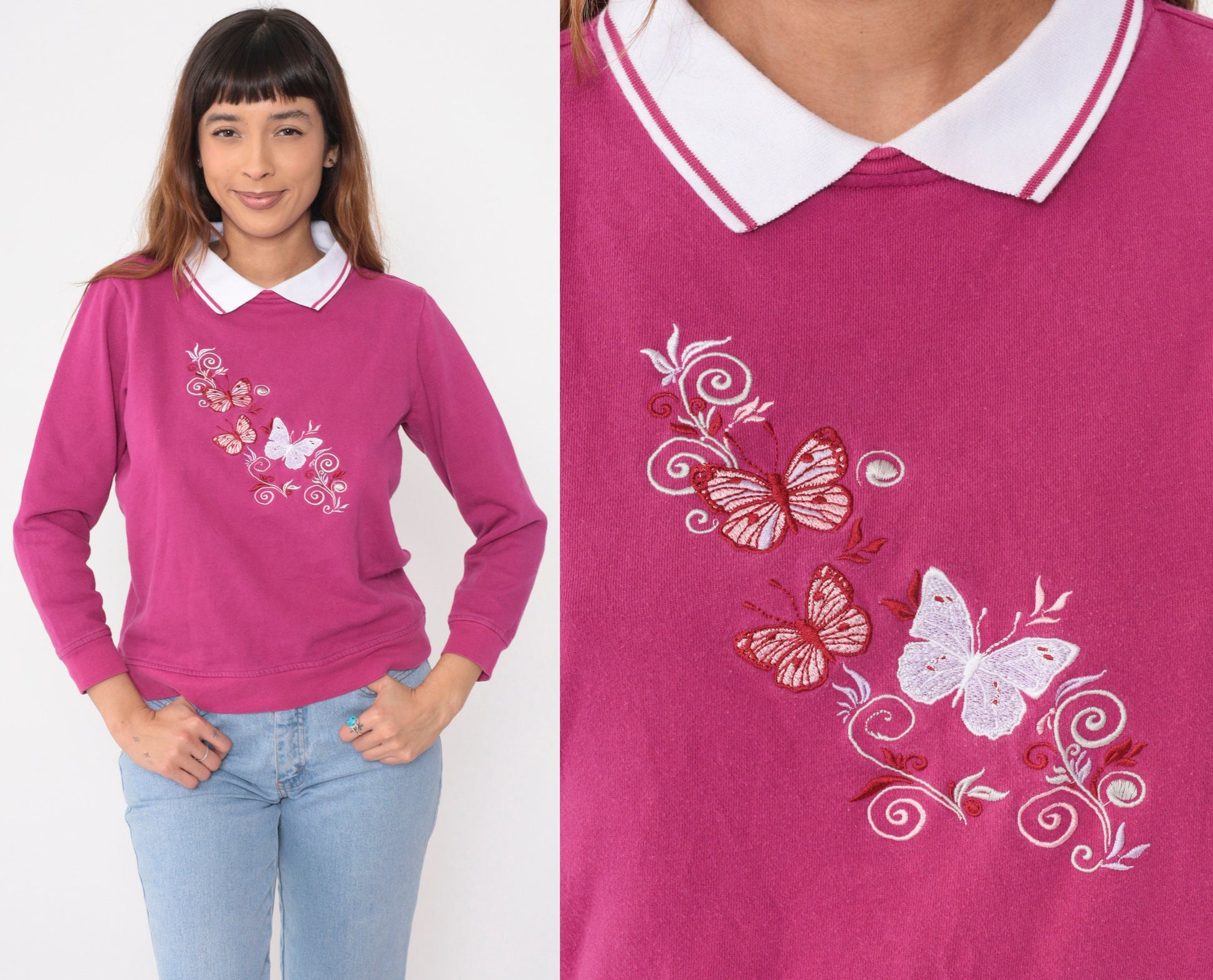 90s Butterfly Embroidered Sweatshirt Magenta Collared Graphic Medium