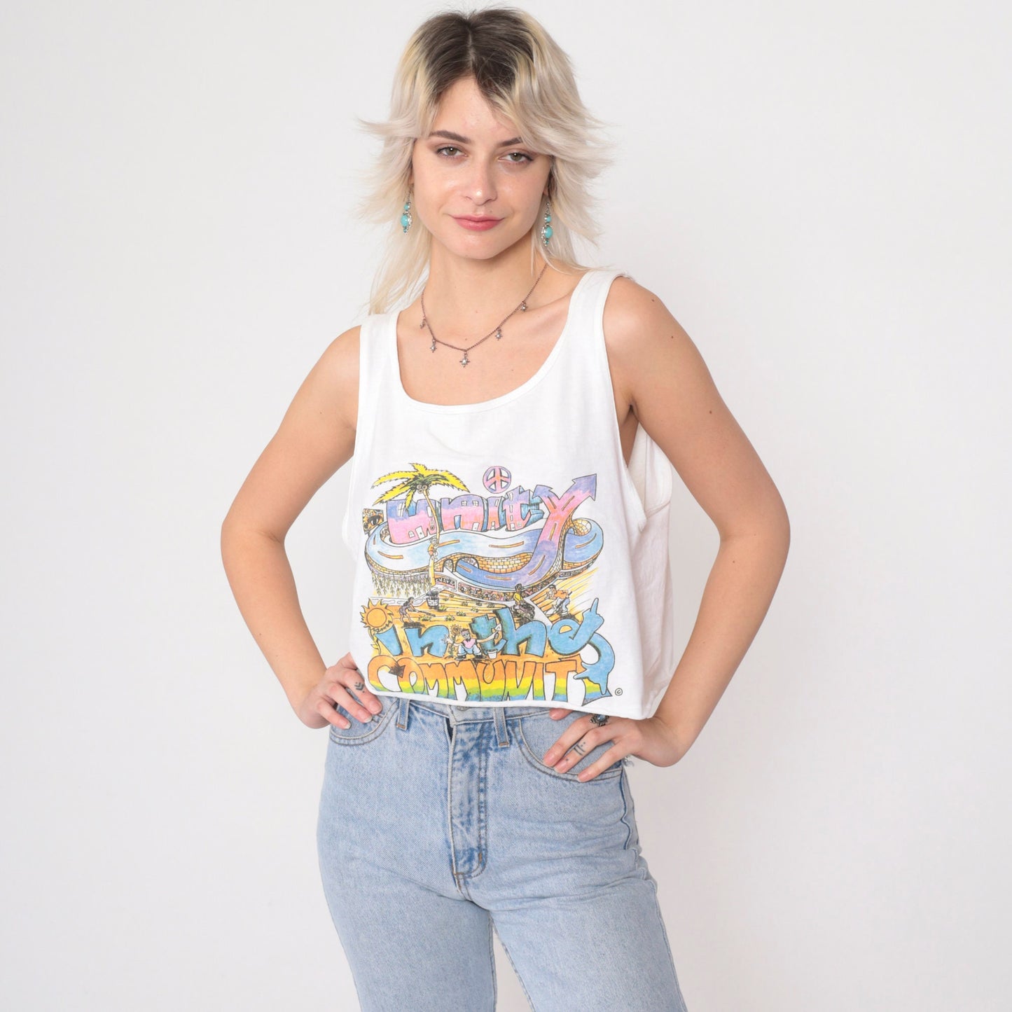 90s Unity In The Community Crop Tank Top White Graphic Tee Medium