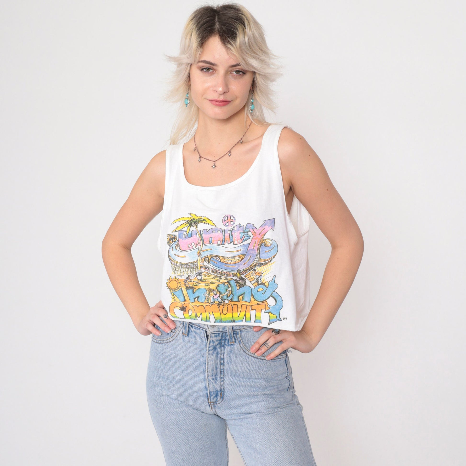 90s Unity In The Community Crop Tank Top White Graphic Tee Medium