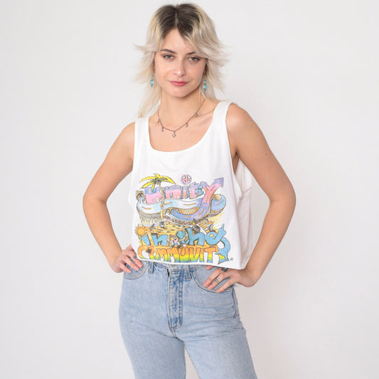 90s Unity In The Community Crop Tank Top White Graphic Tee Medium