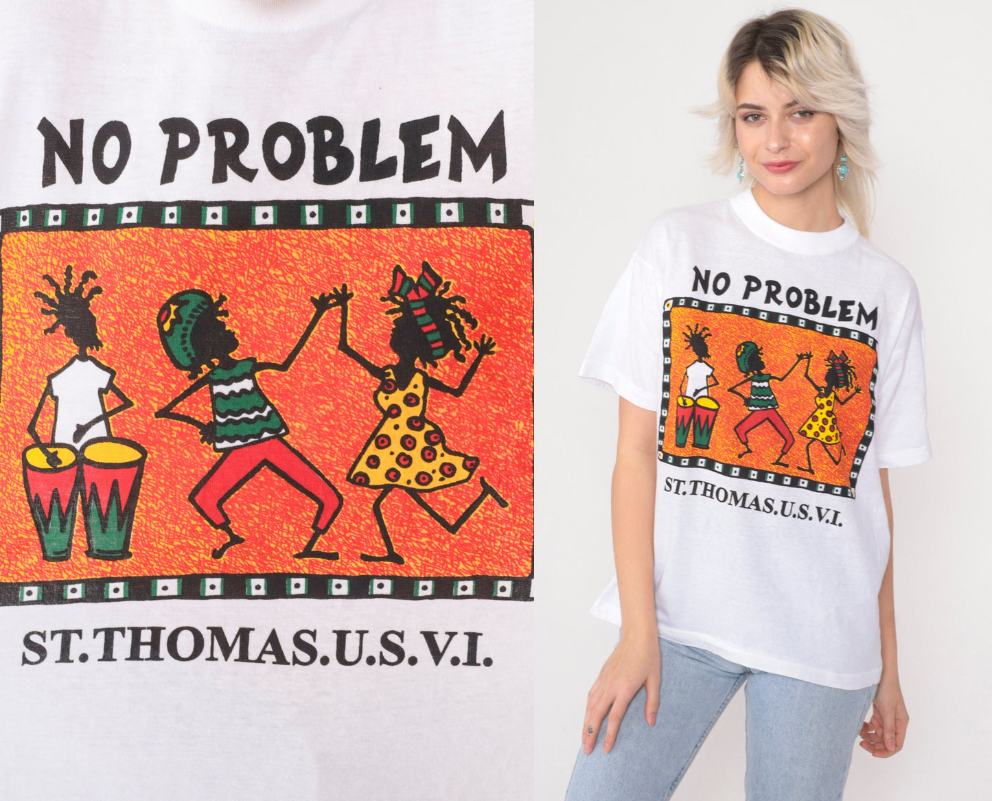 90s St Thomas Virgin Islands No Problem Rasta Graphic Tee White Cotton Medium