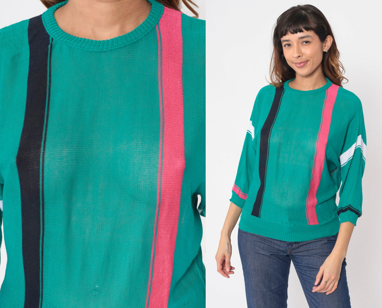 80s Teal Striped Knit Sweater Dolman Sleeve Crewneck Small