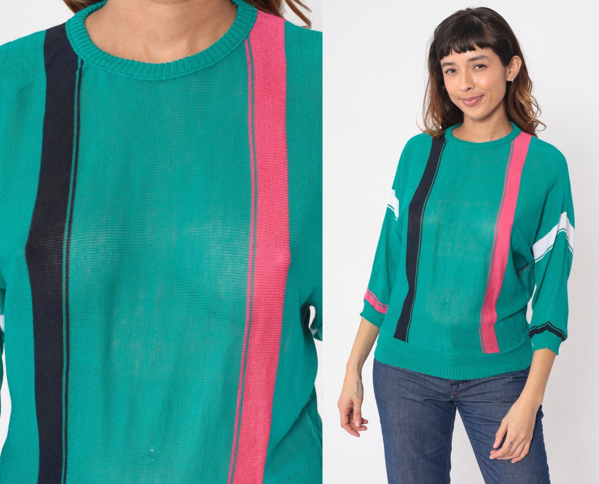 80s Teal Striped Knit Sweater Dolman Sleeve Crewneck Small