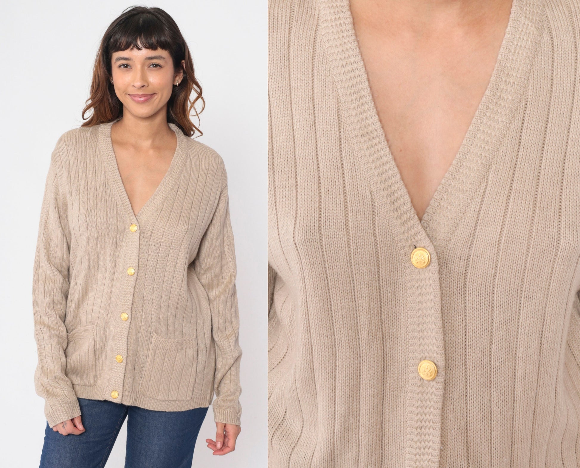 90s Taupe Ribbed Knit Cardigan Button-Up V-Neck Small S