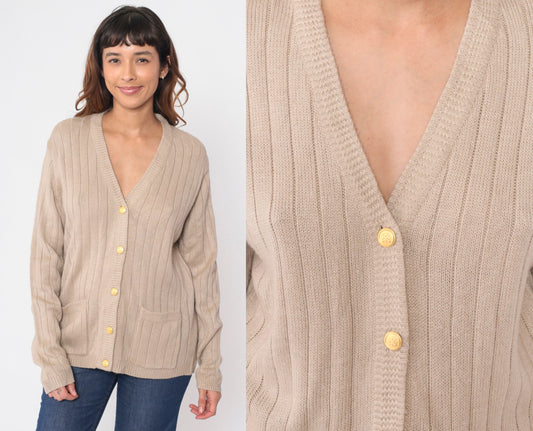 90s Taupe Ribbed Knit Cardigan Button-Up V-Neck Small S