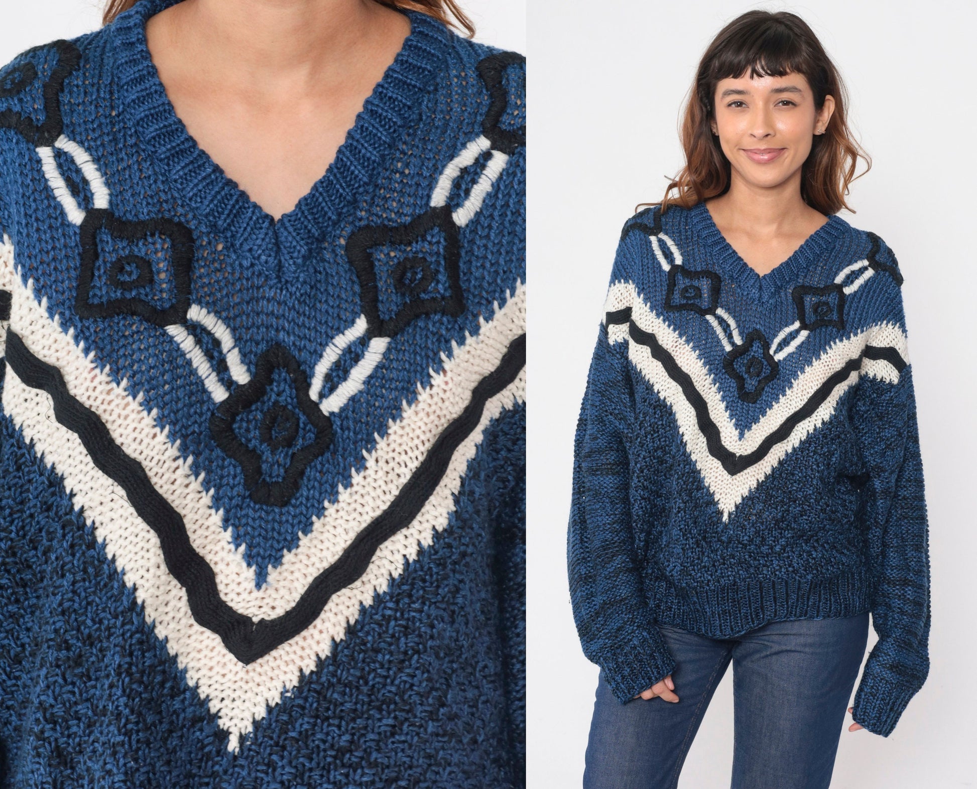 90s Embroidered Floral Knit Sweater Blue Black Chevron Stripe Extra Large