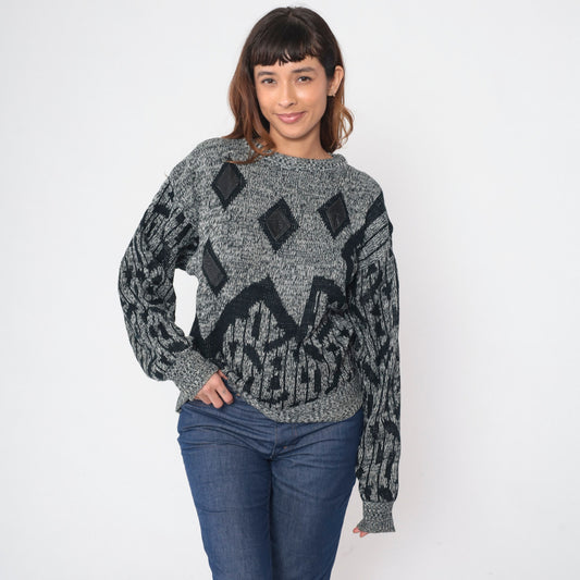 90s Raf Grey Black Flecked Knit Sweater Diamond Leather Patch Crewneck Large L