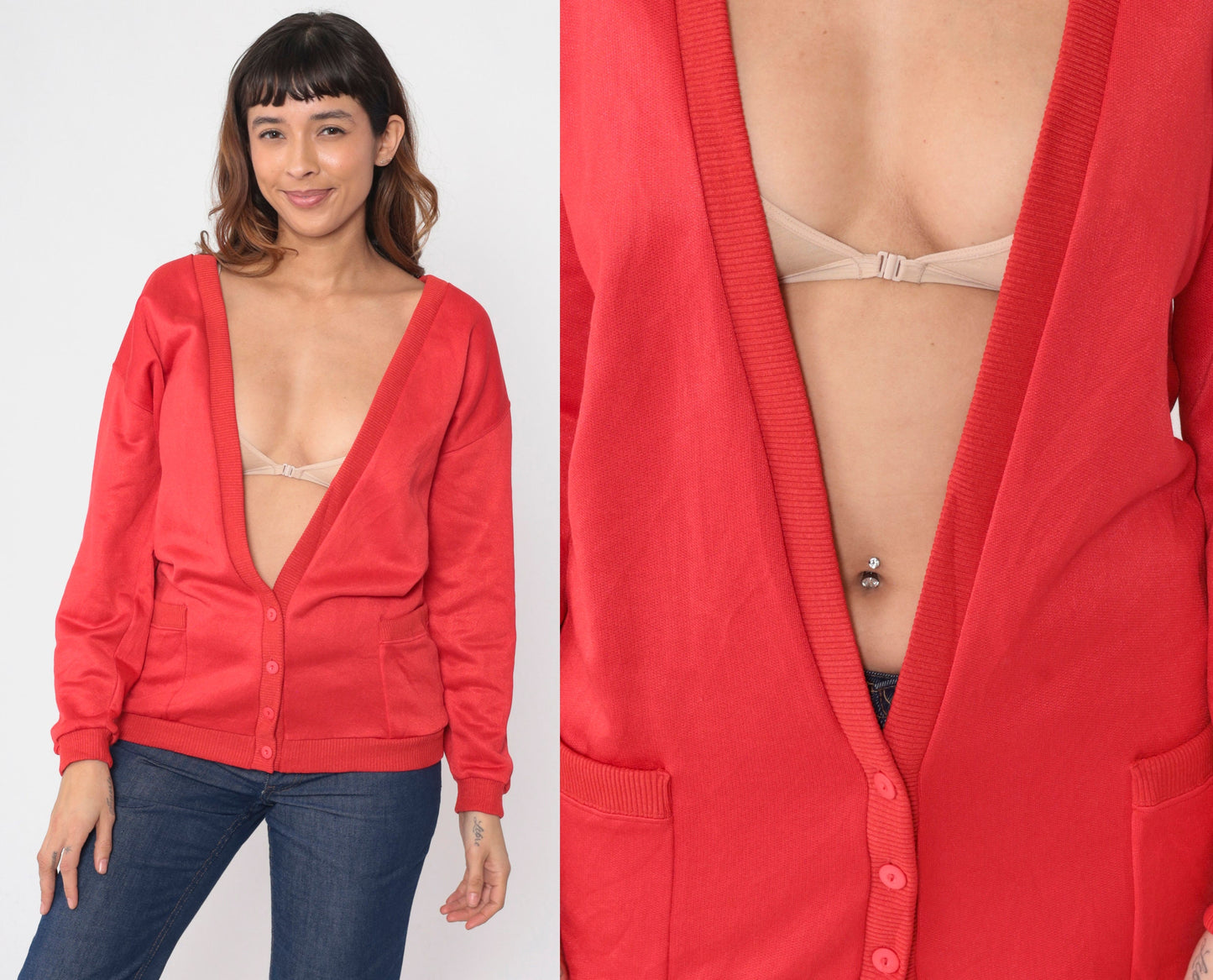 90s Red Cardigan Sweater Button Up Deep V Neck Pockets Medium Large