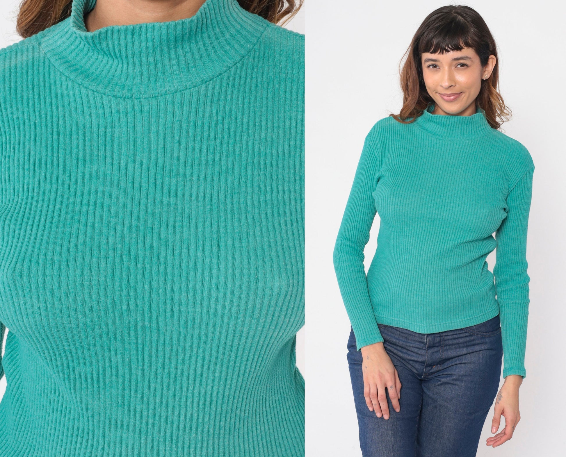 90s Turquoise Ribbed Turtleneck Long Sleeve Knit Top Medium