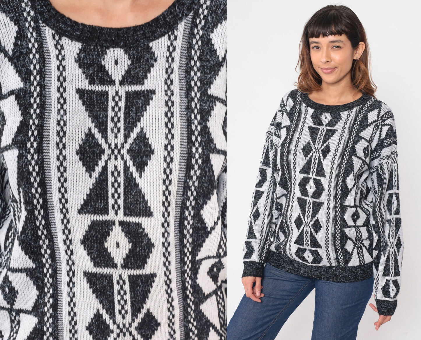 90s Black White Geometric Abstract Knit Sweater Crewneck Large L