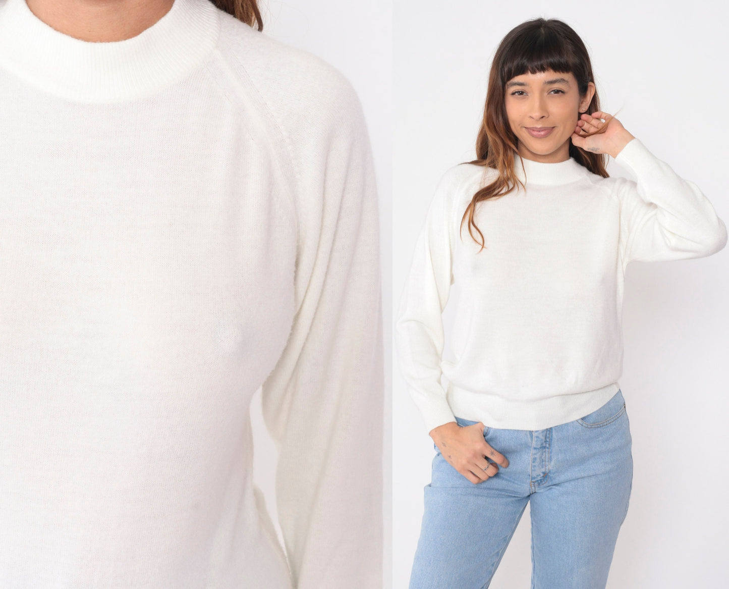 70s White Knit Sweater Mock Neck Raglan Pullover Small