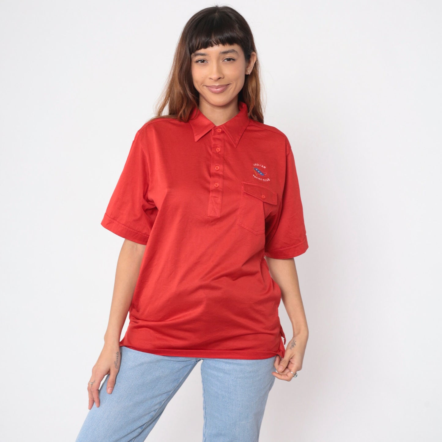 80s Aeolian Yacht Club Polo Shirt Red Embroidered Crest Alameda California Large